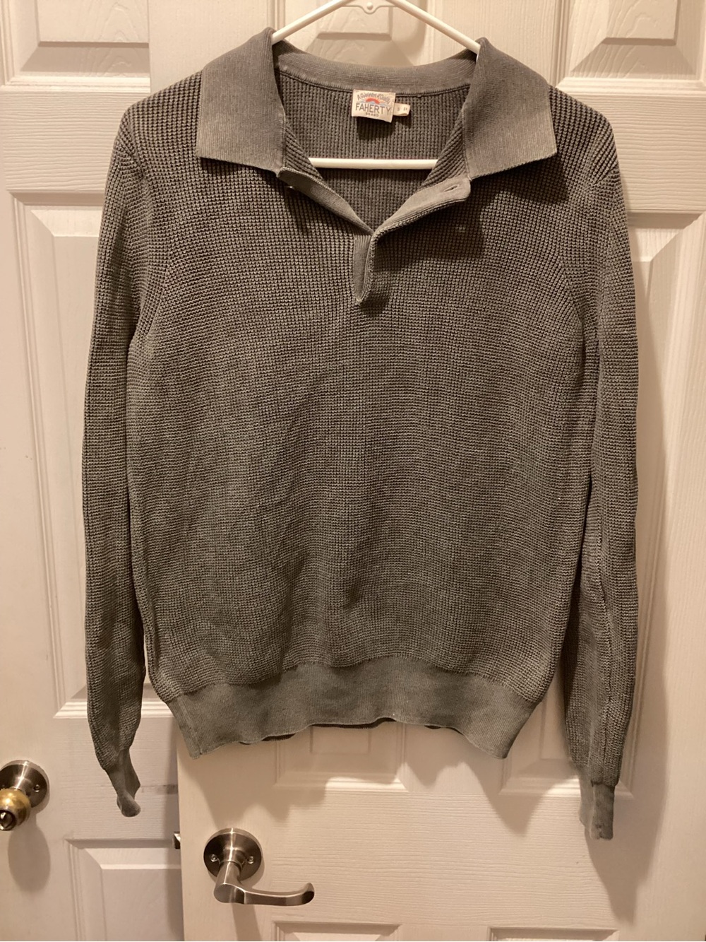 Faherty Gray V‑Neck Knit Polo Sweater